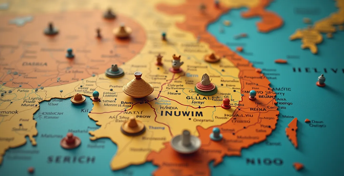 Carte stylisée montrant un itinéraire thématique au Vietnam avec symboles culturels