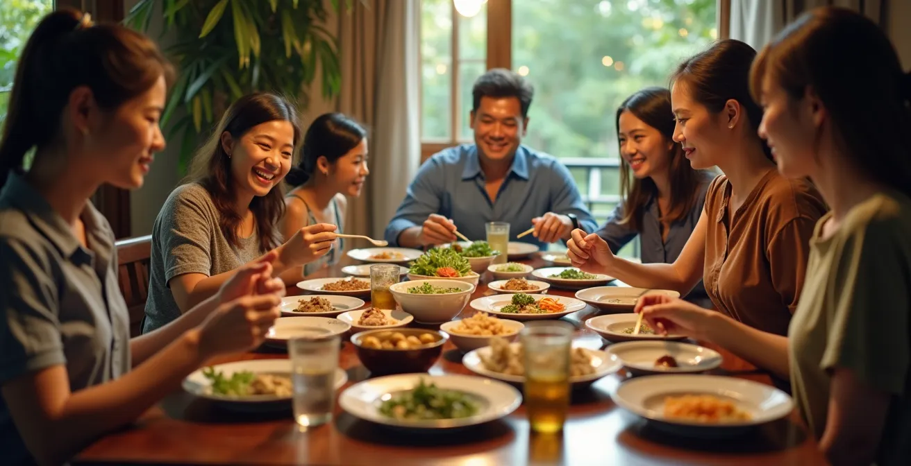 Scène chaleureuse d'un repas traditionnel vietnamien partagé chez l'habitant