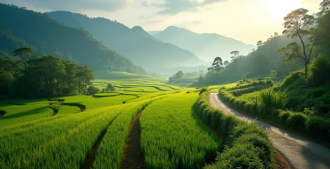 Paysage vietnamien paisible avec rizières et sentier rural