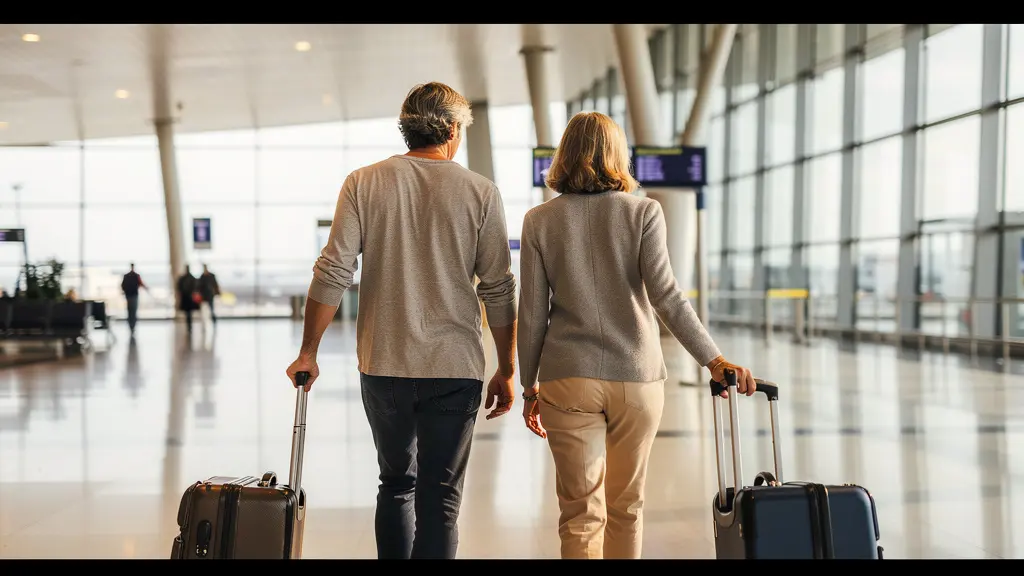 Couple traversant le terminal de l'aéroport Roissy avec leurs valises cabine