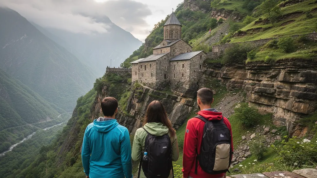 Petit groupe de voyageurs admirant un monastère arménien perché dans les montagnes du Caucase
