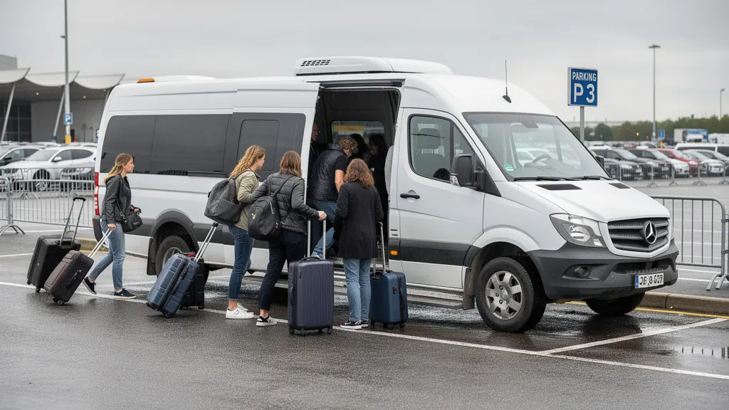 Navette de parking aéroport avec passagers embarquant pour le transfert vers les terminaux Roissy
