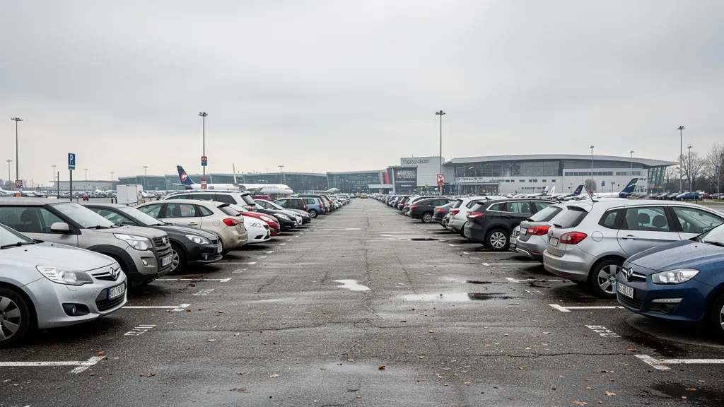 Vue d'ensemble d'un parking extérieur avec véhicules stationnés près de l'aéroport CDG