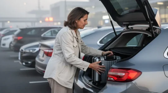 Voyageuse chargeant sa valise dans le coffre sur un parking extérieur aéroport Roissy