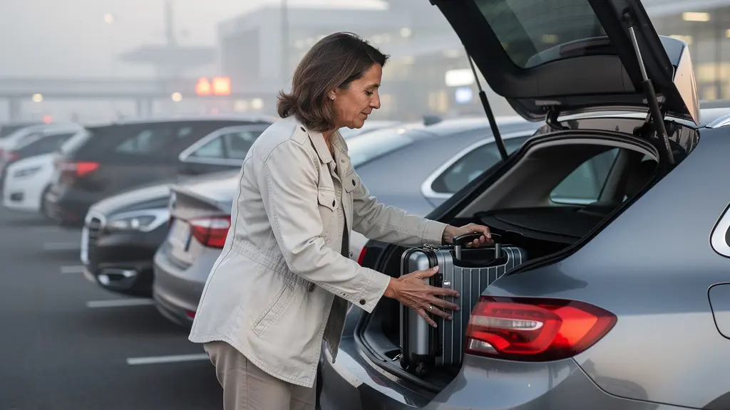 Voyageuse chargeant sa valise dans le coffre sur un parking extérieur aéroport Roissy